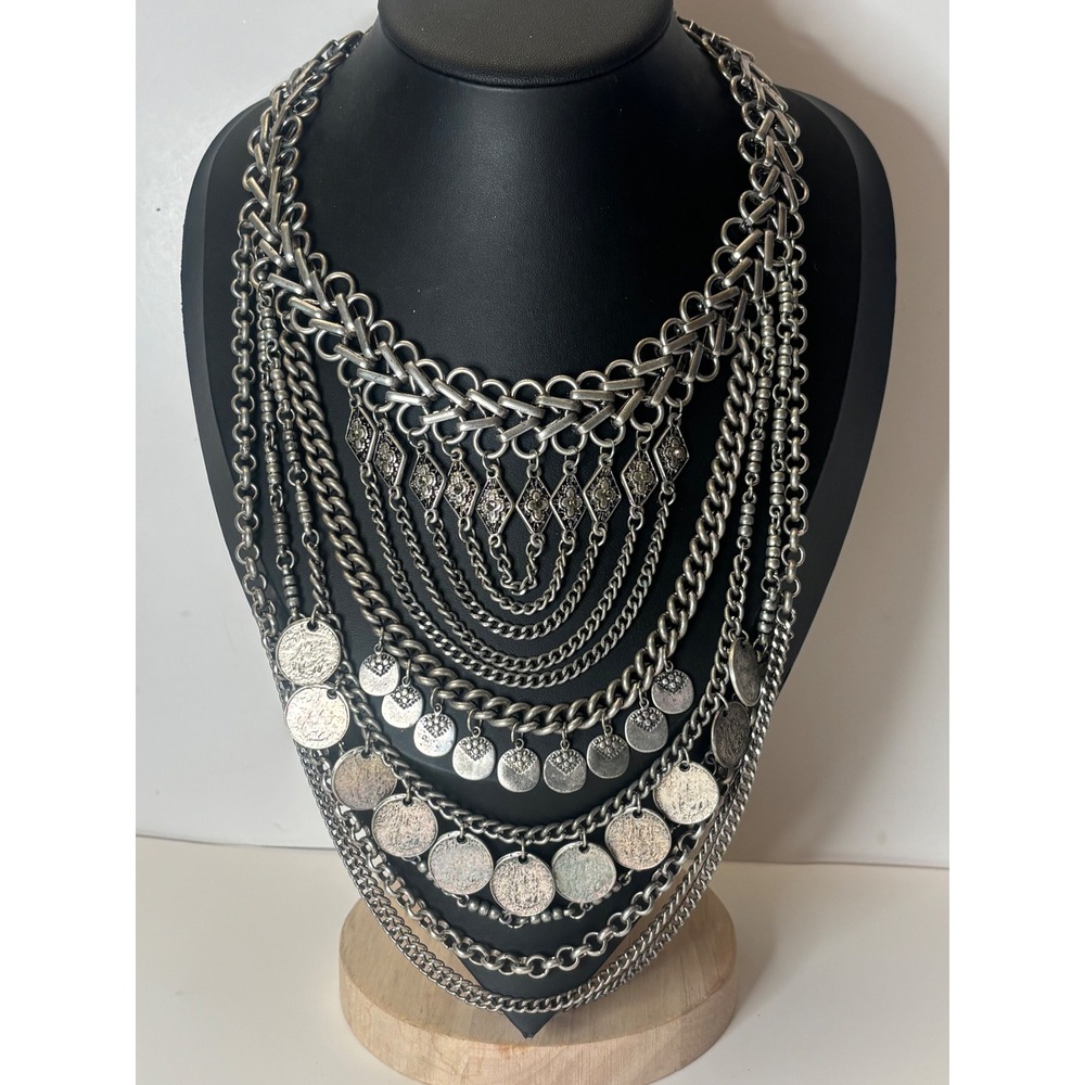 Vintage Coin Bib Necklace Silver Tone Heavy Multi Strand Layered Express